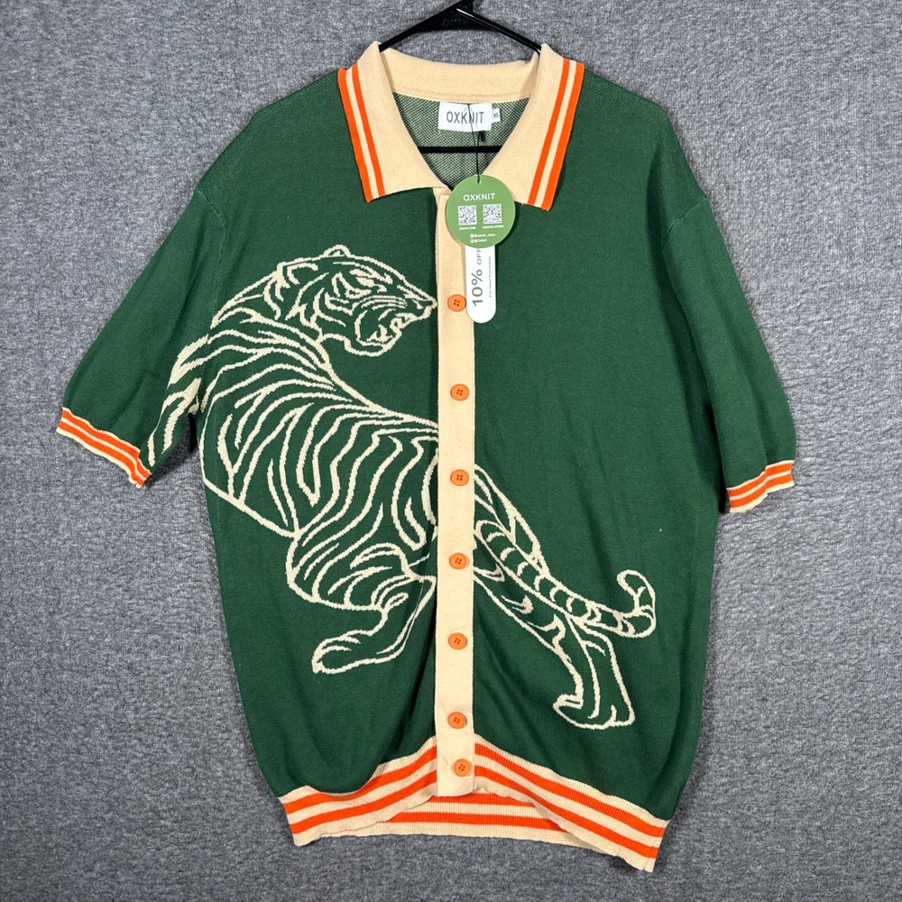 NEW OXKNIT Tiger Knit Shirt Mens XL Green Orange Short Sleeve Button Retro Style